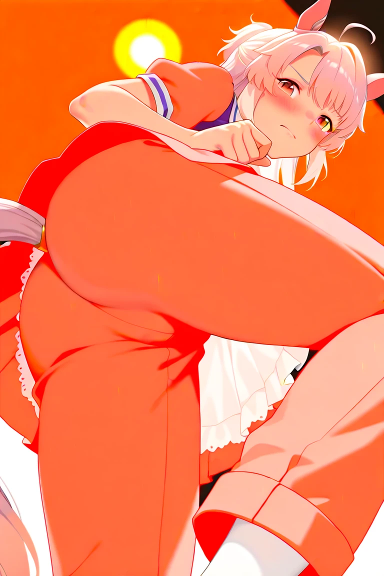 high quality, Very detailed, 8k, 1 girl, erotic, NSFW, 18+, tight upskirt shorts, hot upskirt bike shorts, looking back,kneeling in bed, pokemon korrina, pokemon trainer korrina, marked pussy in shorts, Orange shirt, Masterpiece, Best Quality, Very detailed, black fur,short hair, crotch screen, showing the pussy through the ass, sex, +18, legs open, ass focusing on the viewer, anime girl with a Big ass, the anime girl is crouching, Thighs!!!, Thighs focus, Thighs!!!!!!, female protagonist 👀 :8, Thighs close up, Thighs, fanart de high quality, ass in the center of the camera, rear view from below mostrando el lindo culo con las legs open, kneeling in bed y manos apoyadas, legs wide open. ass up, smiling, ass up, rear view from below, View from below, vagina visible through the ass, raised ass!!!!, Big , Big chest