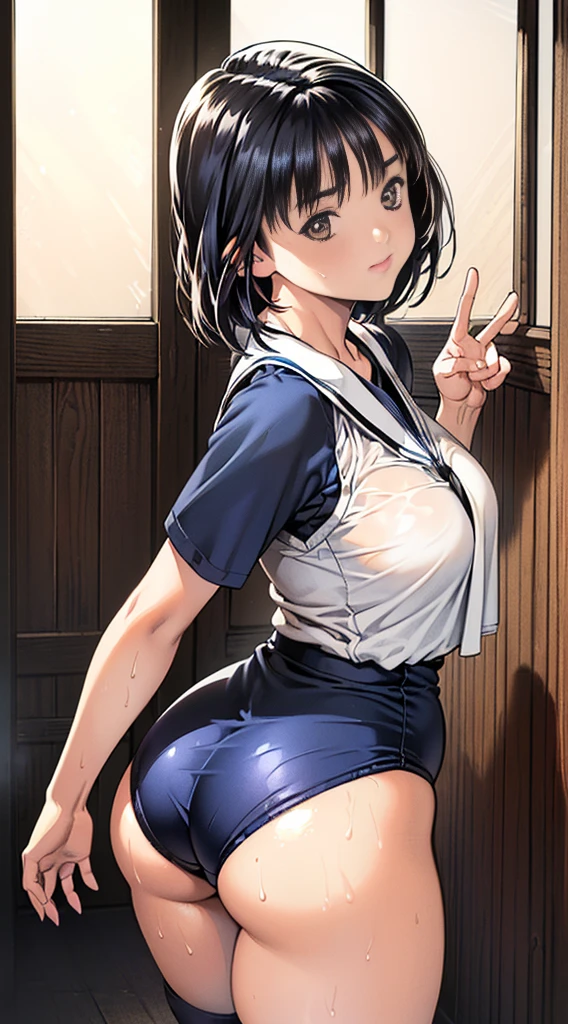 gigantic hips, back view, Highest quality, Super detailed, masterpiece, Ultra-high resolution, 8K, High Contrast, [1girl, aragaki ayase, ore no imouto ga konna ni kawaii wake ga nai],(Sailor uniform, micro mini skirt, light blue striped see-through panties, Sticky panties, cameltoe, beautiful ass), (bare back, crop back), Sideboob, black stockings, (Thighs), (Curvy waist), Shower room, (from above)