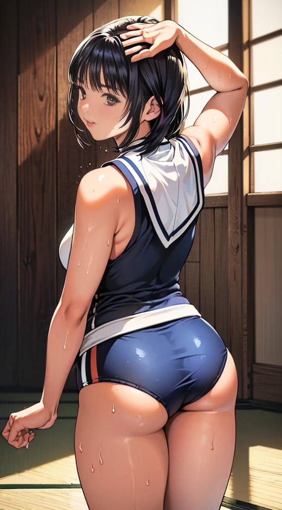 masterpiece, Highest quality, High resolution, Sailor Mercury　1990s \(style\),、(Big Breasts)、Sweating all over the body、vapor、、Magazine Cover　 From behind, Butt, leotard　Spread your legs