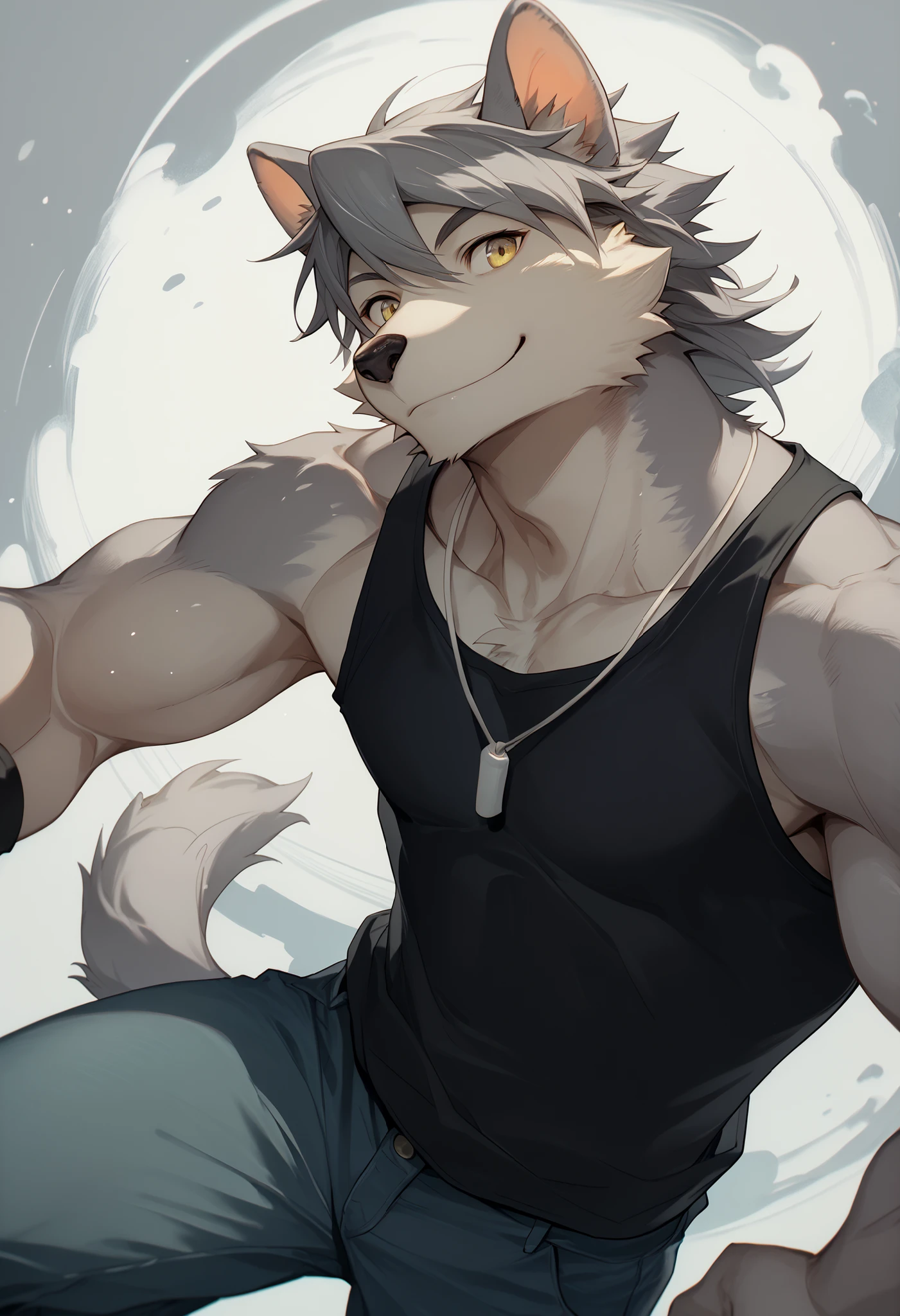 score_9, score_8_up, score_7_up, High Quality, hires, 4K, solo, _Aotsuki , Orenatsu, fur from below, yellow eyes, tank top, black tank top, pants, portrait, Grey fur upper body smiling grey abstract background close-up high angle view staring straight at the viewer