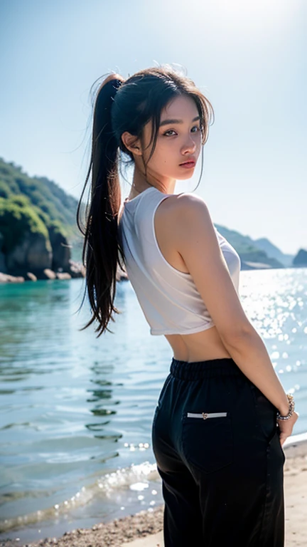 no, Ray Tracing, Radio City, Anisotropic filtration, 16,000, best quality, 1 woman, alone, mature, beautiful mountain climber, Shorts, hiking tank top, Gradient long hair, climbing equipment、laugh、sunset , big breasts、valley