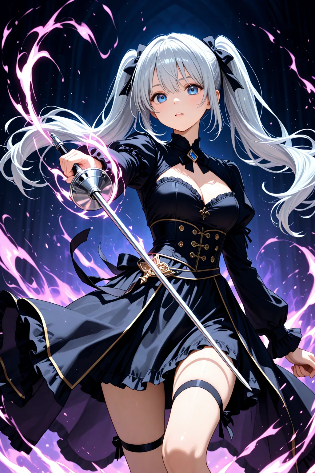 （（（highest quality、first-class、masterpiece、Normal body、8k、Detailed face、Ultra-precision、Normal hand、Normal finger、５Finger、）））Silver Hair、Princess、Black Dress、Black Skirt、Ridiculous Costumes、Shiny Tiara、Metal Boots、Death Scythe、Fantastic Scythe、Dark Scythe、Grim Reaper、grim Reaper、巨大なmagic陣、背後にmagic cirlcle、magic、Colorful Magic Light、magic cirlcle、召喚magic、Order and Chaoyth