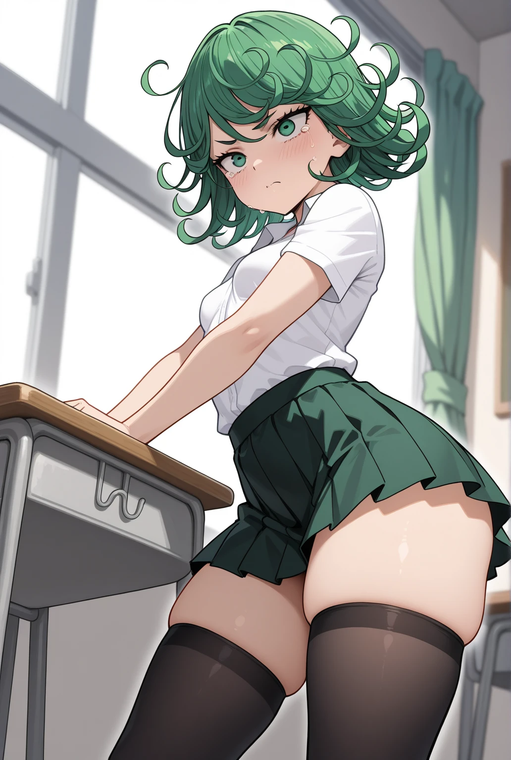 ((1girl)),((alone)),Tooru Hagakure,(masterpiece), (best quality), (ultra detailed), (best illustration), (best shadow), (absurdities), sharp focus, cowboy shot , looking at viewer, big breasts, narrow waist, wide hips, medium thighs, round butt, dynamic stance, green hair, blush, green eyes, messy hair, medium hair, bangs, hair between the eyes, multicolored hair, collared shirt , white shirt, red tie, tight shirt, neckline, short sleeves, gloves, blue gloves, green skirt:1.3, short skirt, tight skirt, (socks: 1.2), (black socks: 1.1), loafers seductive smile, closed mouth, (sexy pose: 1.2), alone, standing: 1.3, interior, school, classroom, desks, window, sunset, looking back, from behind, ((focus on ass)), pov (from below), red blush, perfect anatomy, perfect hands