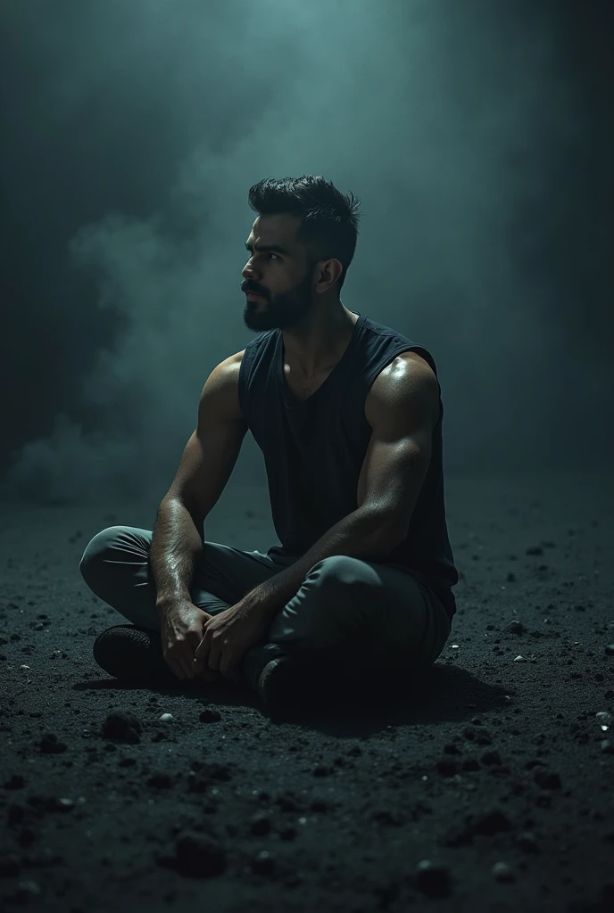 Defeated, fallen and broken guy but yet still alive with gloomy background and the guy is kneeling down with regrets despair and guilt of losing the loved one who loved him than anyone ever had