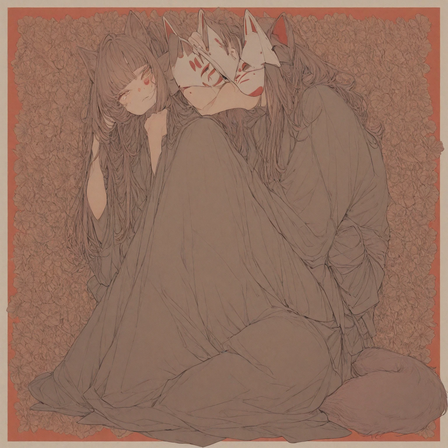 tender and aggressive sexy boy,long black hair , big black eyes, dog ears and tail , with comfortable and loose clothing