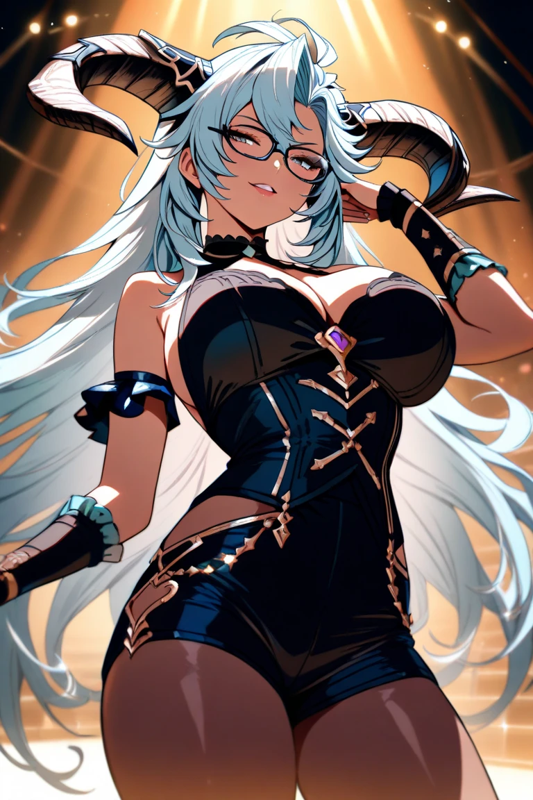 dark skin gal, (exotic wild big fluffy hair with multiple colors, (multiple colors of fluffy hair:1.1), horns, glasses, (adventuring in cave)