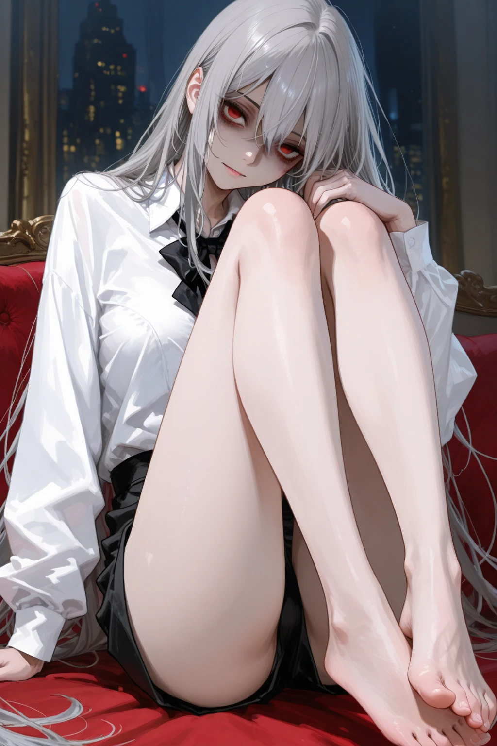 Ultra high precision、high resolution、(Naked girl sitting with her legs thrown out on the floor, looking at the floor:1.4)、Pretty face、silver hair、pubic hair is growing、 ((While crying))、smaller breasts、empty eyes　((white mucus dripping from genitals))..、In the ruins、、(red flat pumps:1.3)、