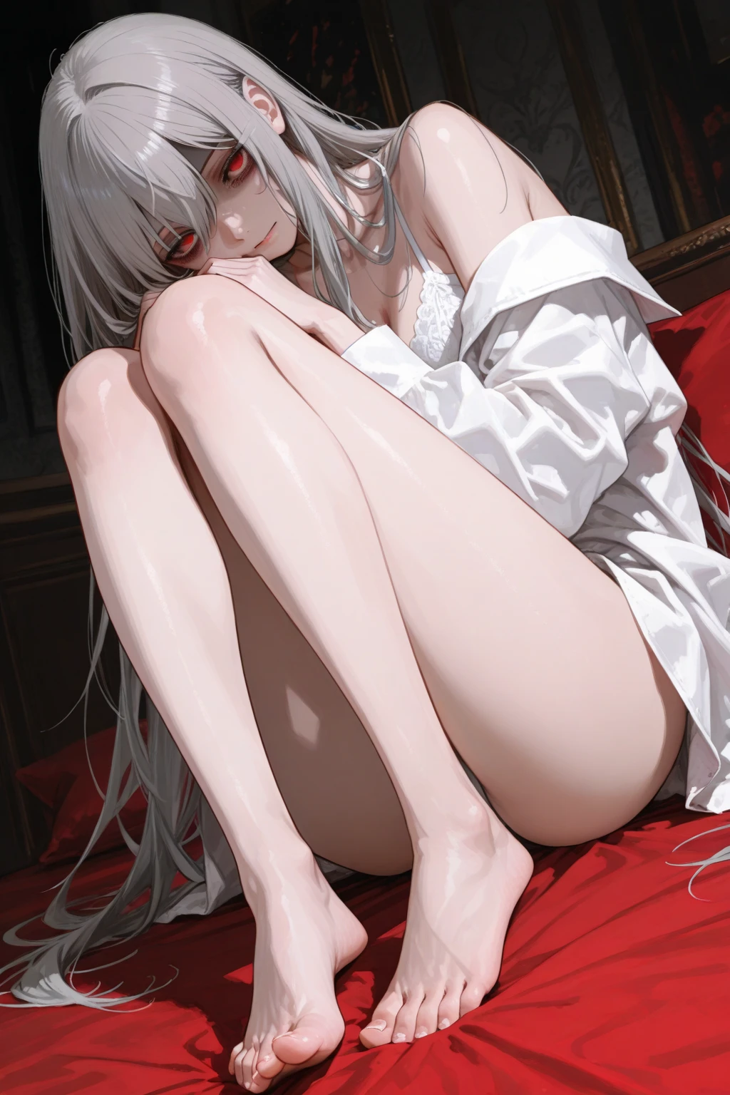 ((Playing with a raven:1.4)),Night time, elegant bedroom. (black pajamas, silk:1.3).Cute 18 yo (albino:1.4)woman of Slavic descent.(short:1.1), , long white hair, gray eyes, ((very pale:1.4)). Innocent look. Gentle spirit.(virgin), bare feet,((smile)).Masterpiece, best quality(highly detailed:1.2),(detailed face and eyes:1.2), depth of field, 8k wallpaper, studio lighting, core shadows, high contrast, bokeh.