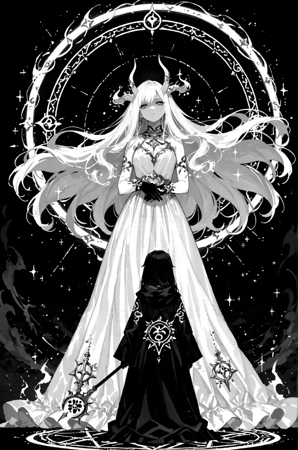 ((masterpiece, best quality)), Delicate face,Dragon Girl,Full body painting,Perfect body proportions,Long legs,((Long wavy hair)), ((Half of her hair is white,The other half is black,Available in two colors)),beautiful eyes,Fantasy style,White background,Extremely beautiful,knight,Rose,transparent,Sexy bikini,Lace,exposed
