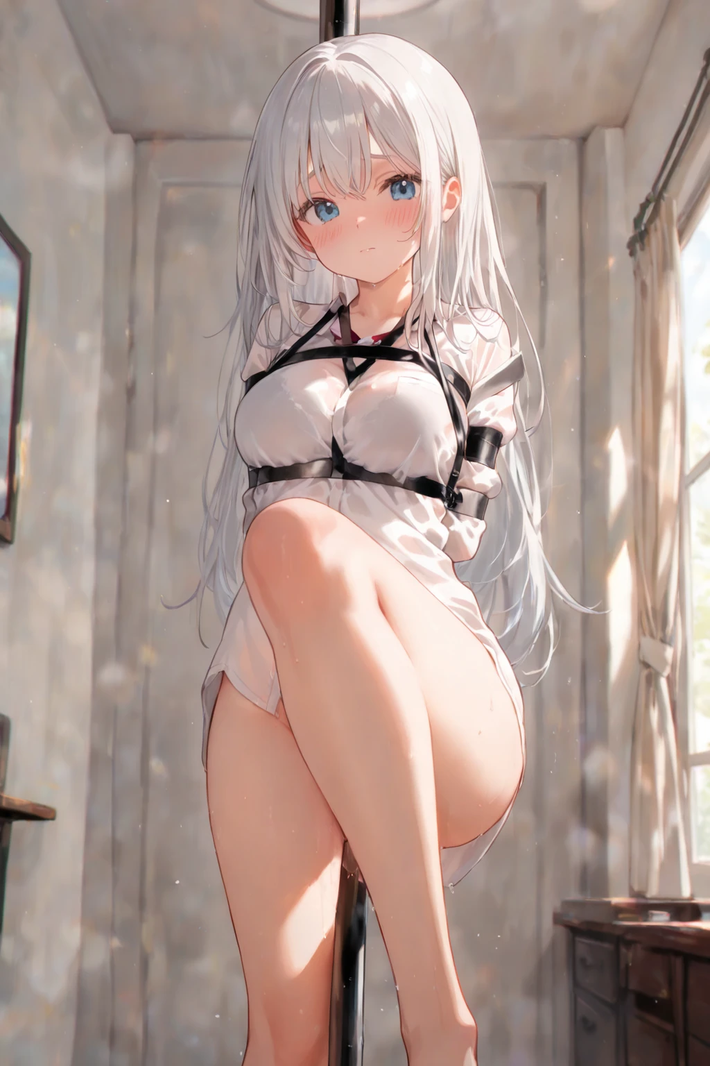 A masterpice、super highly detailed, 1 young woman, Exposed cleavage, Soft breasts, Sperm taken, humiliated、Shame、Insults, Blushed,Masturbation behavior, Misaligned bra, Full Body Sweat, Wet underwear,Masturbation,Flowing sperm、Sperm in the chest、Overflowing sperm, Hollow eyes,Tears、 lie down, disheveled clothes、Torn clothes、White bra、White underwear、Tears、Peeing、Frightened、glare、Cultivated woman、stockings、long white-silver hair、Green Ash Eyes、Open legs、Open knees、Black monastic uniform、lying back on、Back alley、elvish、