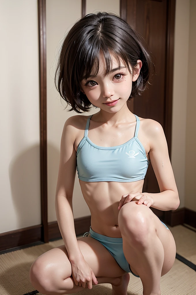 ((top-quality)) ((masuter piece))、intricate-detail、foco nítido、proffesional、Photorealsitic、Real life、surrealistic、photorealisim、Silhouette Light、finely detail、Highly detailed CG Unity 8K wallpapers、erfect artwork、shinny hair、radiant eyes、shinny skin、realisitic、Looking at the camera、Very delicate and cute、best qualtiy、Cute detailed girl、cute large eyes、Facial Lights、Cinematic lighting、Transparent material、realistic representation of face、（intricate detailes)、no-makeup、（Detailed beautiful delicate face、Detailed and beautiful delicate eyes and face）Detailed skin、Best ratio of four fingers and one thumb、Thin fashion、独奏、(Very young)、Facial Highlights、luxury room、Professional Writing、The top and bottom clothes are white or light colors、Shot from a low position、Knee shot、Beautiful navel、女の子1人、(Looks under 10 years old)、facing the front there、Rat trail section、Inside the thigh、Hamstring、Bare shoulders and elbows and arms、yoga、Stretching and flex exercises for the legs、女の子1人、Back lighting、Many flowers、((non-blur))、Sunburned skin、Petite, Very slender skinny girl、((Very small buttocks:1.4))、((very thin thighs))、(Very young Japan beautiful girl)、small nostrils、Healthy face、Soft lips、pale cherry colored lips、(rather thin eyebrows: 1.4)、shiny large black eyes、Chest flat、（(flat-chest: 1.4))、(Medium black hair,:1.1)、(Beautiful girl with cute loli face:1.6)、big eye、(The corners of the mouth rise:1.4)、((Raise your hands to expose your beautiful armpits))、Relax and throw your legs out、1 thin camisole、(Tight sheer white camisole)、Skin shines through clothing、((light colored short spats that are thin and fairly tight:1.2))、Skirts in light colors、Wet blouse、Plump round face、(smile shy:1.8)、cheeks are reddened、Eyes for hollow details、Floating hair、large eyes that are symmetrical、Small protrusions、hair clips、No face makeup、Cool colored outfits for summer、