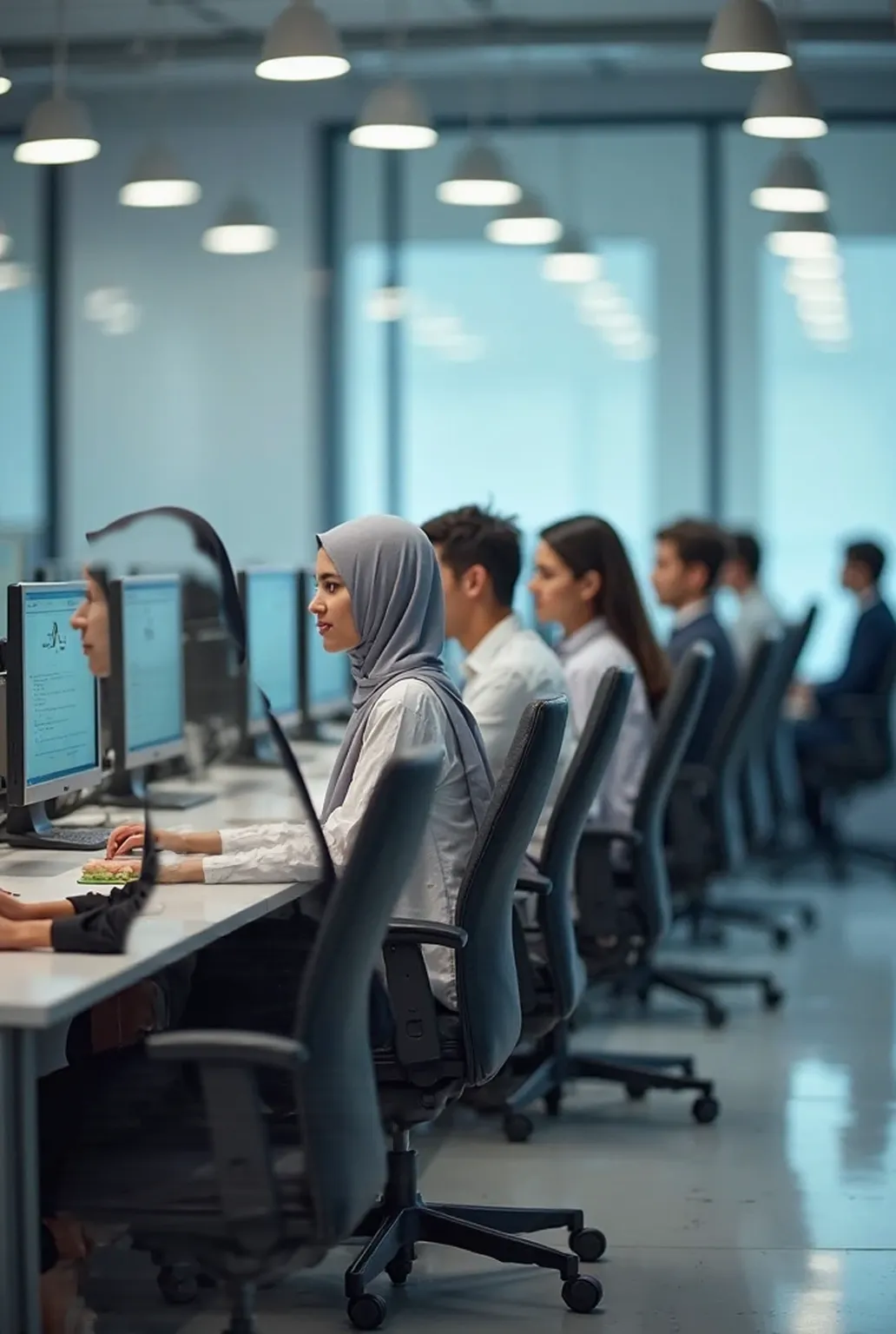 Design a computer lab in which computer will be there, some Islamic students are working on them. Room are cooled by AC and chairs and table will be there.