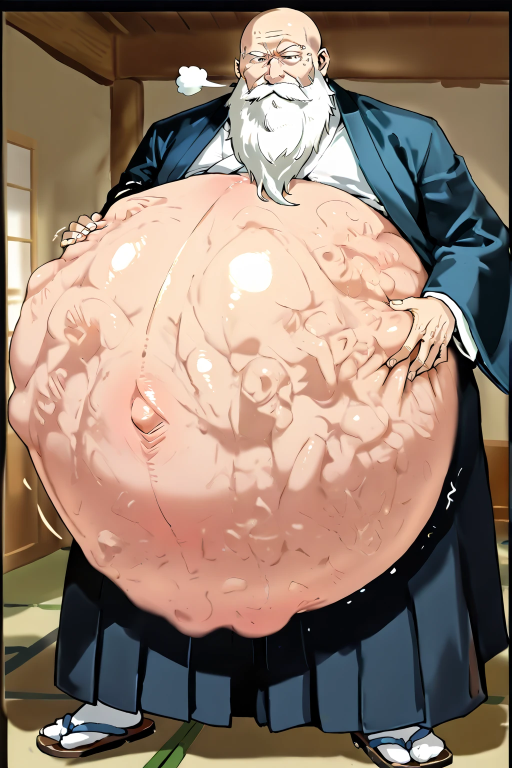 Help me replace it with an old Japanese giant with bulging muscles all over his body。In the sauna。Meat becomes very large。The flesh of the whole body is getting bigger，Hairy chested old man, old bodybuilder, 100-year-old old Japanese old man in sauna room, as big as a giant。Strong old man working out。The body is as big and bloated as a giant。Body muscle expansion。No pants。