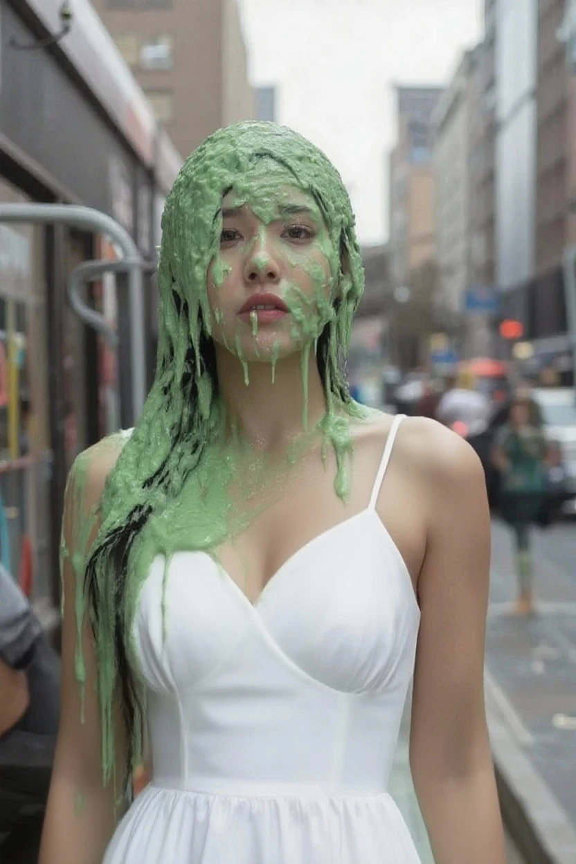 21-year-old African American model, 1 girl, fashionable dress, trendy, walking at night, New York City, lens flairs, portrait photography, delicate face, delicate eyes, red lipstick, short wavy layered hair, cleavage, full body, 8k, HD, masterpiece, (sludge dripping down head: 1.6), super realistic, hyper detailed,