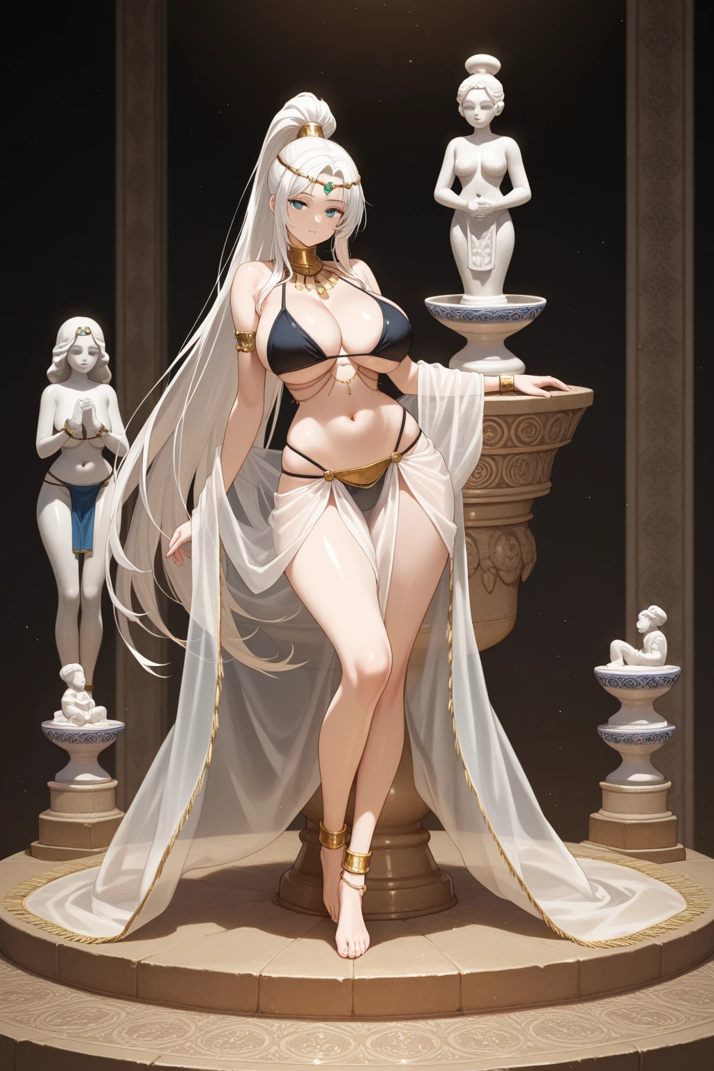 Adult woman with long white hair, dark skin, huge breasts and red eyes，Bare arms，gold tiara，necklace，Gold ornaments，White silk clothing，Bare Legs，sandals，Standing，White Rose，desert，River Water