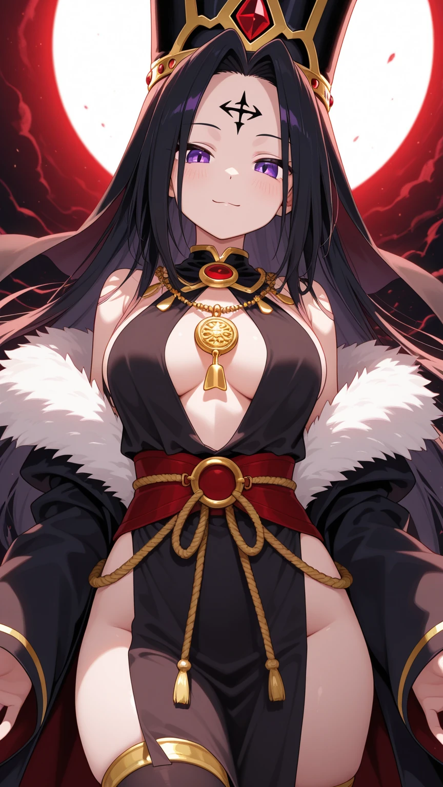 1woman, long sword, plate armor, black hair, red eye, long dress, gold armored dress, (boobs plate), muscular thighs, thick thighs, Toned, huge , gigantic breasts, long breasts, wide hip, big ass, erect nipples under clothes, frilled dress, mini crown on head, breast plate, skindantation, decorative armor, breasts apart, thighs boots, gold trim armor, drill hair, red cape, long hair, red lips, sexy makeup, holding scepter, scepter of the cross, plump, jewelry, lace trim, front view, open stance, muscular, shiny skin, paladin, red gem earrings, queen, thigh band, goddess armor, gold cross pasties, taut clothes, gold cross on the crotch, shiny clothes, bangs, stall, metallic,