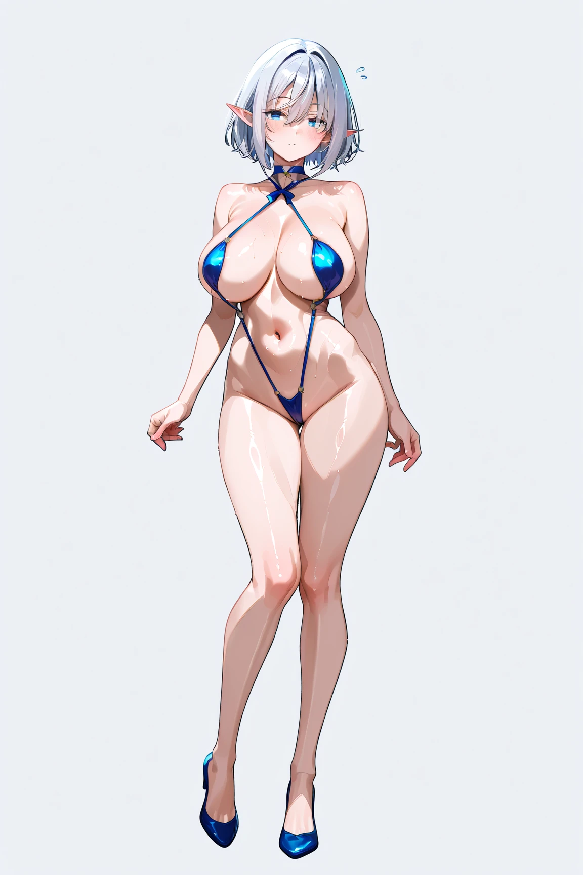 Metallic Colorful swimsuit,1girl,front view,Facing forward,looking at viewer,anime colored,full body,(gigantic breasts),wet,shiny Skin,{bob cut!!,blunt bangs},white background