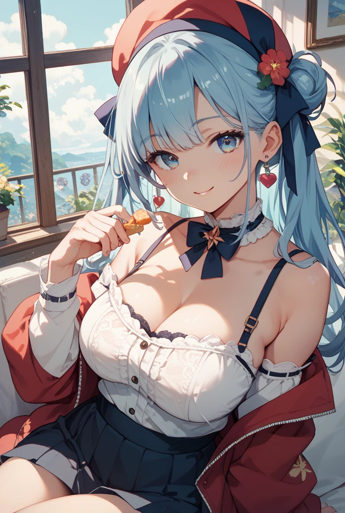 highest quality,((highest quality)),((Tabletop)),((Perfect Face)),1 girl,(Background Blur), One girl, labrynth, Silver Hair, Grey Eyes, big breasts, Wearing a red tracksuit and, Wearing a red jersey,Detailed, 5Finger, 五Fingerの手, Cleavage,A refined laugh, Exquisite, blush,Lazing around in bed,Half naked