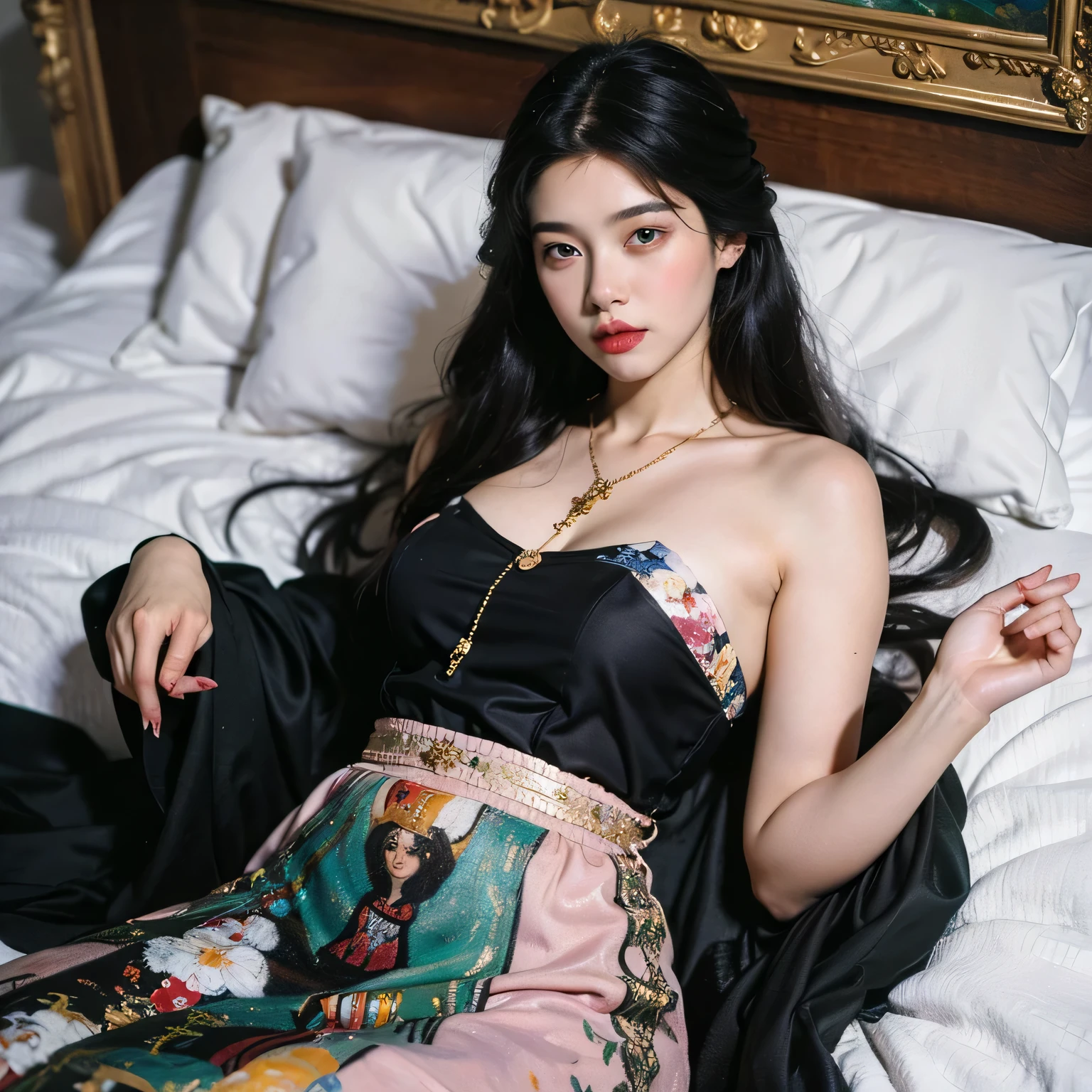 Full body female, long hair, laying in the long couch, black sexy gown with gold accessories, kingdom room, large window behind.