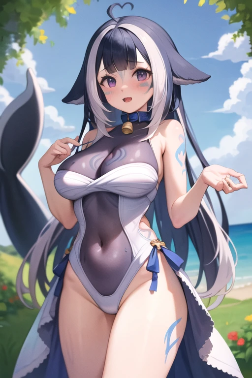 Water，big-tailed wolf，blue color eyes，gray hair，and Cheongsam,