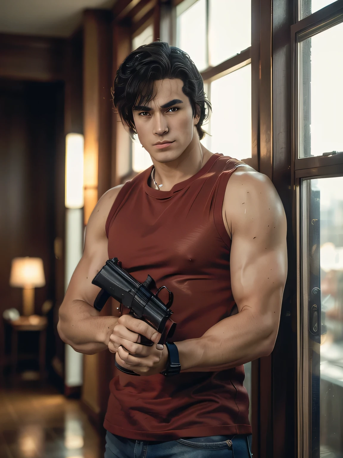 1boy, saeba ryou, city hunter, Japanes man, Handsome face,
red shirts, sleeveless, looking at viewer, v-shaped eyebrows,
standing, holding revolver gun, hand in pocket,
indoors, luxury hotel, windows, city, cowboy shot,
general, masterpiece, best quality, perfect lighting, very aesthetic, absurdres, scenery, volumetric lighting, depth of field,