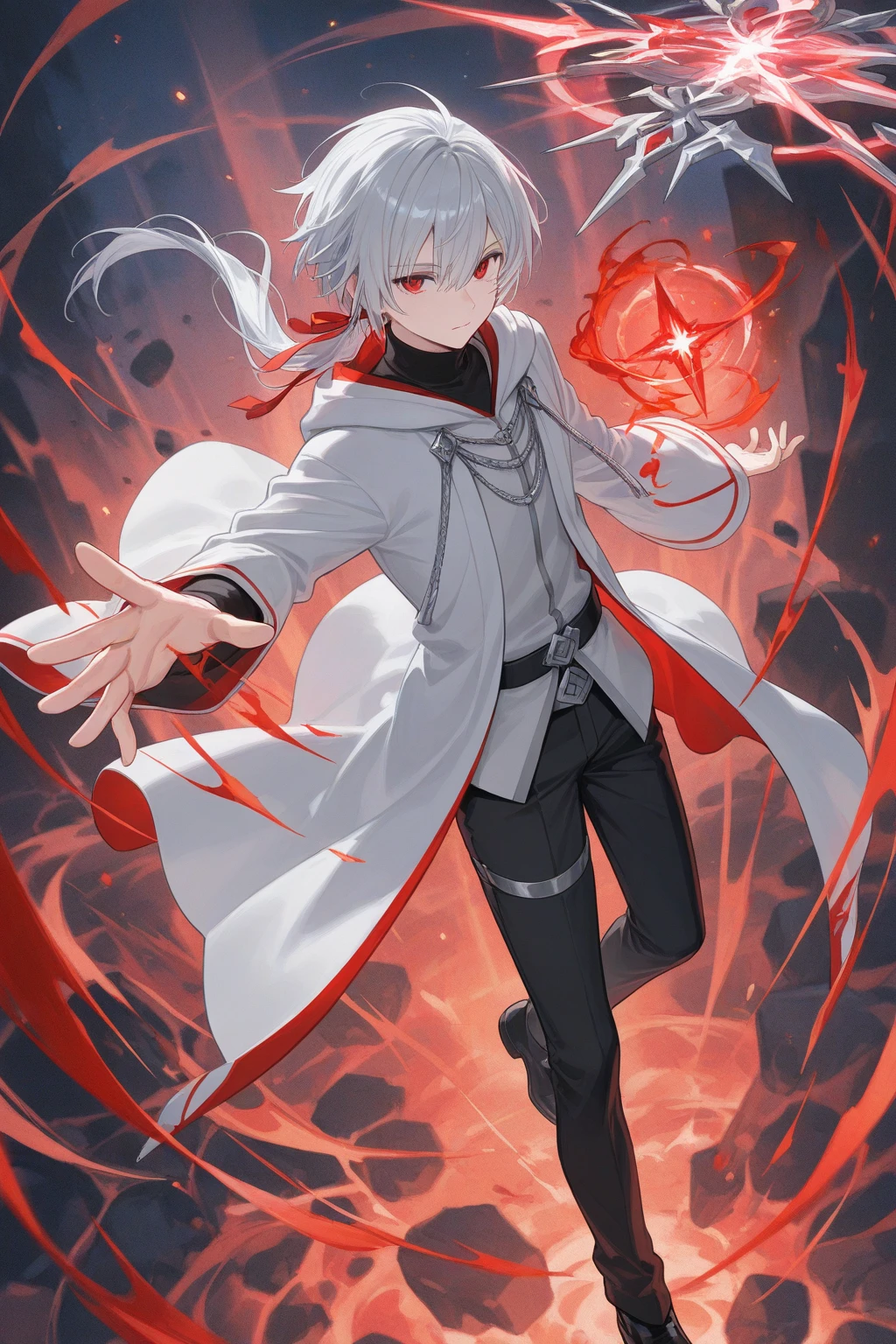 the artificial soul of the white-haired, red-eyed male protagonist emerging from his body, represented as an ethereal energy with swirling patterns, as he confronts the controlling God in a celestial realm