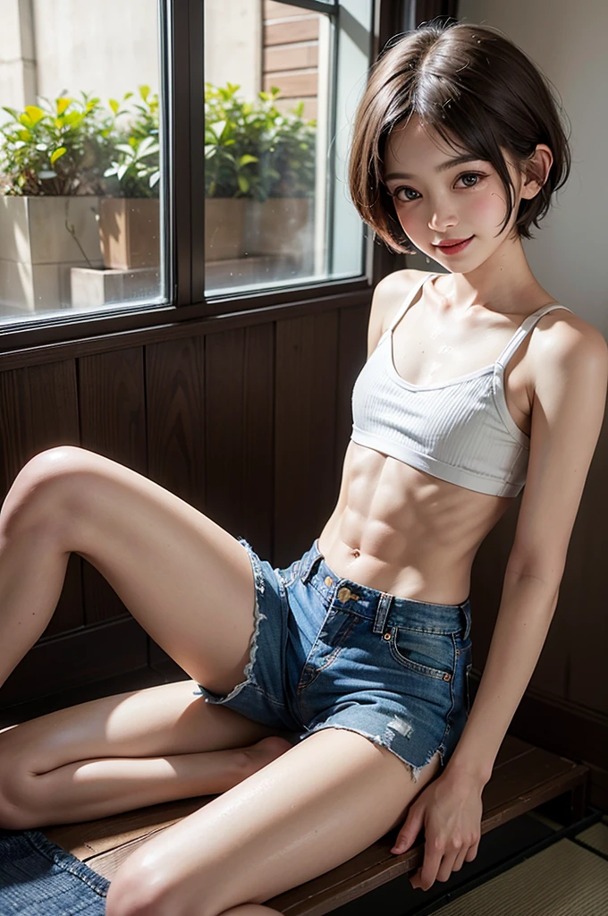 ((medium breast, tomboy girls, small head)), (chiseled abs : 1.1), (perfect body : 1.1), (short wavy hair : 1.2) , auburn hair, collar, chain, full body shot, crowded street, wearing black tanktop, jeans jacket, ((shorts)), (extremely detailed CG 8k wallpaper), (an extremely delicate and beautiful), (masterpiece), (best quality:1.0), (ultra highres:1.0)