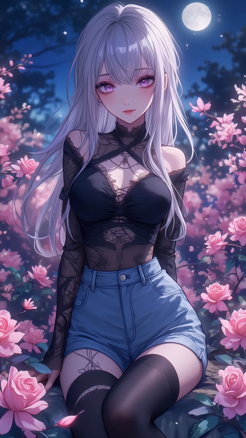 (best quality, ultra-detailed, photorealistic: 1.39), bright and vibrant colors, studio lighting, romantic expression, An effeminate girl, with a delicate and beautiful face. She is a girl who reflects seductive beauty, sparkling eyes, A beautiful adult woman beautiful and voluminous curly white hair, hair clip, crying a seductive 2 woman with big breasts seduces, with her large breasts seduces, beautiful cute k-pop cosplay, dancer, k-pop style blouse and K-pop pleated skirt, black socks, beautiful details, shy smile, happy expression with an insinuating smile, with beautiful legs, with her blue eyes that matches her soft smile, in a beautiful pose demonstrating her seduction beautiful, in a field of beautiful cherry trees, for a k-pop show, making a cute pose, anime style, like a manwha character