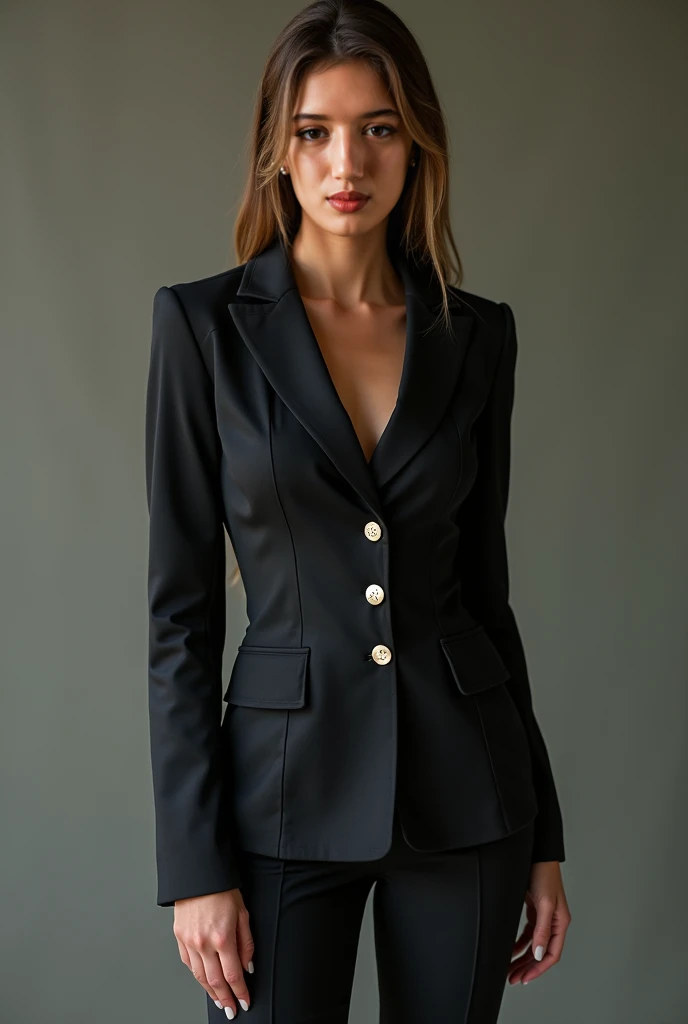 Create a fashion poster featuring a women's blazer as the main product, with the brand name 'N'Lin' prominently displayed in the image. The poster should exude elegance and sophistication, appealing to young women with a refined and trendy sense of style. Use a minimalist design with a clean background, focusing on the blazer's details and quality. The typography should be sleek and modern, and the placement of 'N'Lin' should be tasteful yet noticeable, reinforcing the brand's identity within the high-fashion market