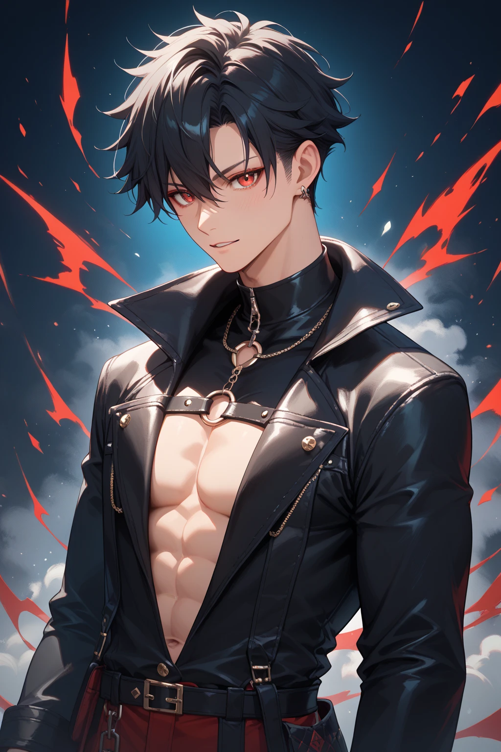 (absurdres, highres, ultra detailed), masterpiece, 1boy, vampire, solo, handsome, vibrant red eye, very short hair, black hair, forehead, finely eye, fang, detailed face, detailed hair, (forehead), black long coat, bare pectoral, cross earring, full body view, dramatic sky, dark sky and cloud, from side, from below, look at viewer, light smile, cowboy shot