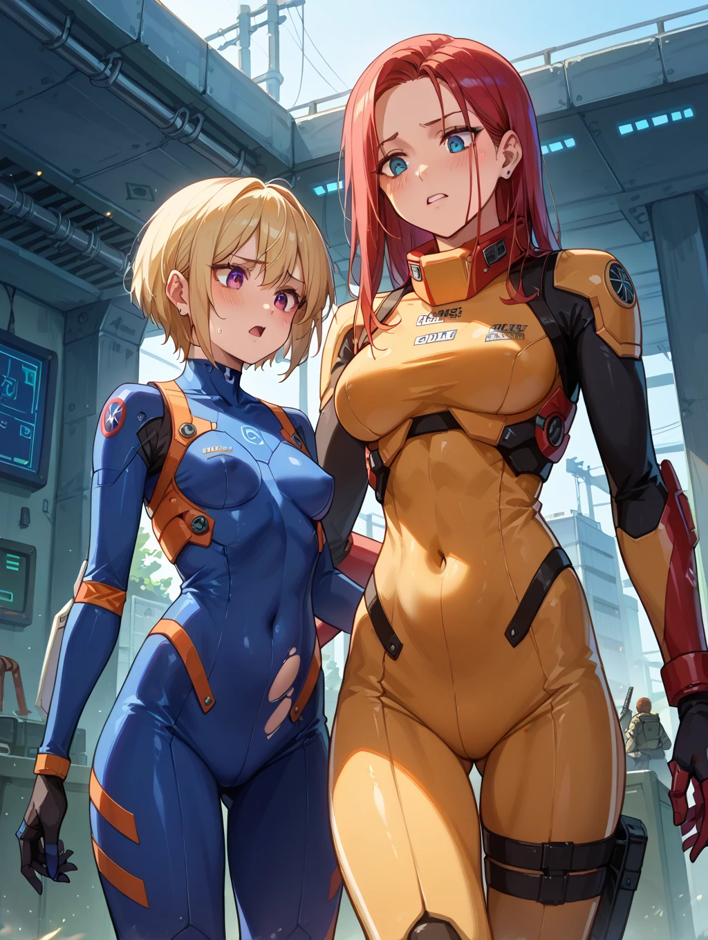 Gwen Tennyson,Tracer,Bulma,Rebecca Chambers,Overwatch,1 Girl,Sunlight,close up,Cyberpunk City,space ship,planet, The Mandalorian,military uniform,Bounty Hunter Gear,Green Long Sleeve Lycra Top,Military leggings,Long hair,silver earrings,Nightgown,Holding a blaster, Gothic Makeup,Green Eyes,Orange Hair,purple hair highlights,Shy laugh, freckle,Red hair,beautiful girl,Large Breasts,Ultra Detailed,Practical,Fantasy Art, 