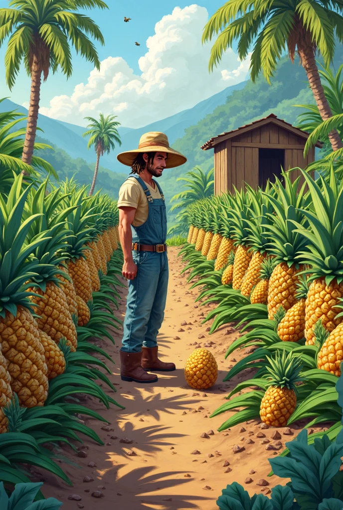 young, Beautiful, handsome, white, skinny, soft skin, beautiful face, shirtless, naked, big penis, nice butt in a garden picking pineapple with basket hat