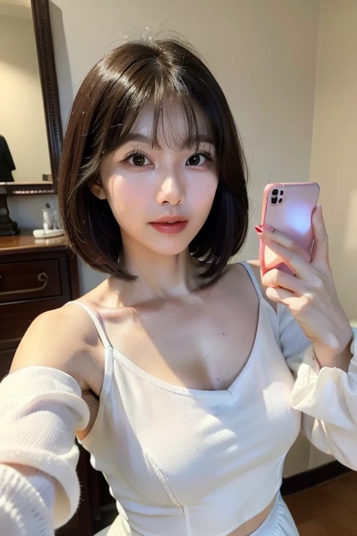 (Masterpiece, High Definition, Ultra High Definition, 8K), Black Short hair, nestled in the plush, white linens of her hotel bed, captures a serene (selfie:1.8) just after waking up. She’s wearing a soft, silk nightgown, with the morning light filtering through sheer curtains behind her. Her expression is peaceful, with a subtle smile, embodying a relaxed start to the day. The opulent headboard and the fluffy pillows frame her, highlighting the luxury of her surroundings