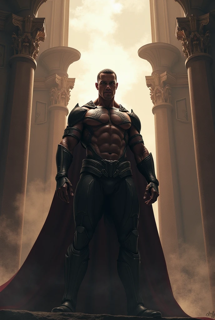Front view, full height, medieval, antr, (doberman), male, doberman, adult, solo, hyper muscular, huge muscles, massive construction, heavy posture, broad shoulders, giant body and tiny head in comparison ((blacksmith's cloths, bare chest)), dark pants, correct anatomy, tail, massive, (dark black skin, black snout with yellow details, detailed skin: 1.4), wide calves and wide yellowish feet,  Detailed background, antient city background, photorealistic, hyper-realistic, ultra-detailed, (masterpiece:1.2), epic, (correct line hands), natural lighting, (by grimfaust), sturdy, ultra-detailed light yellow eyes of high quality, bare feet, thick sweat dripping over Doberman.