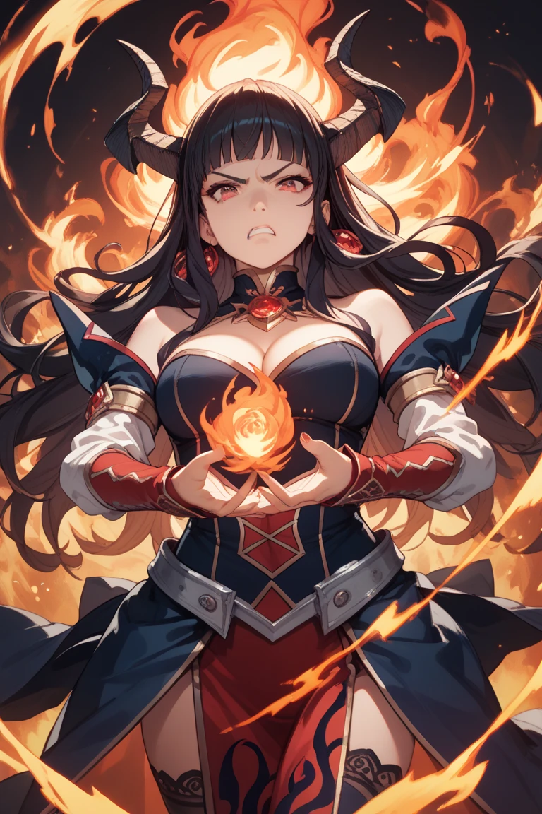 In a burning forest, flames rise from all over the body, and the seductive General Raiden writhes in agony as he crosses his hands to block attacks.