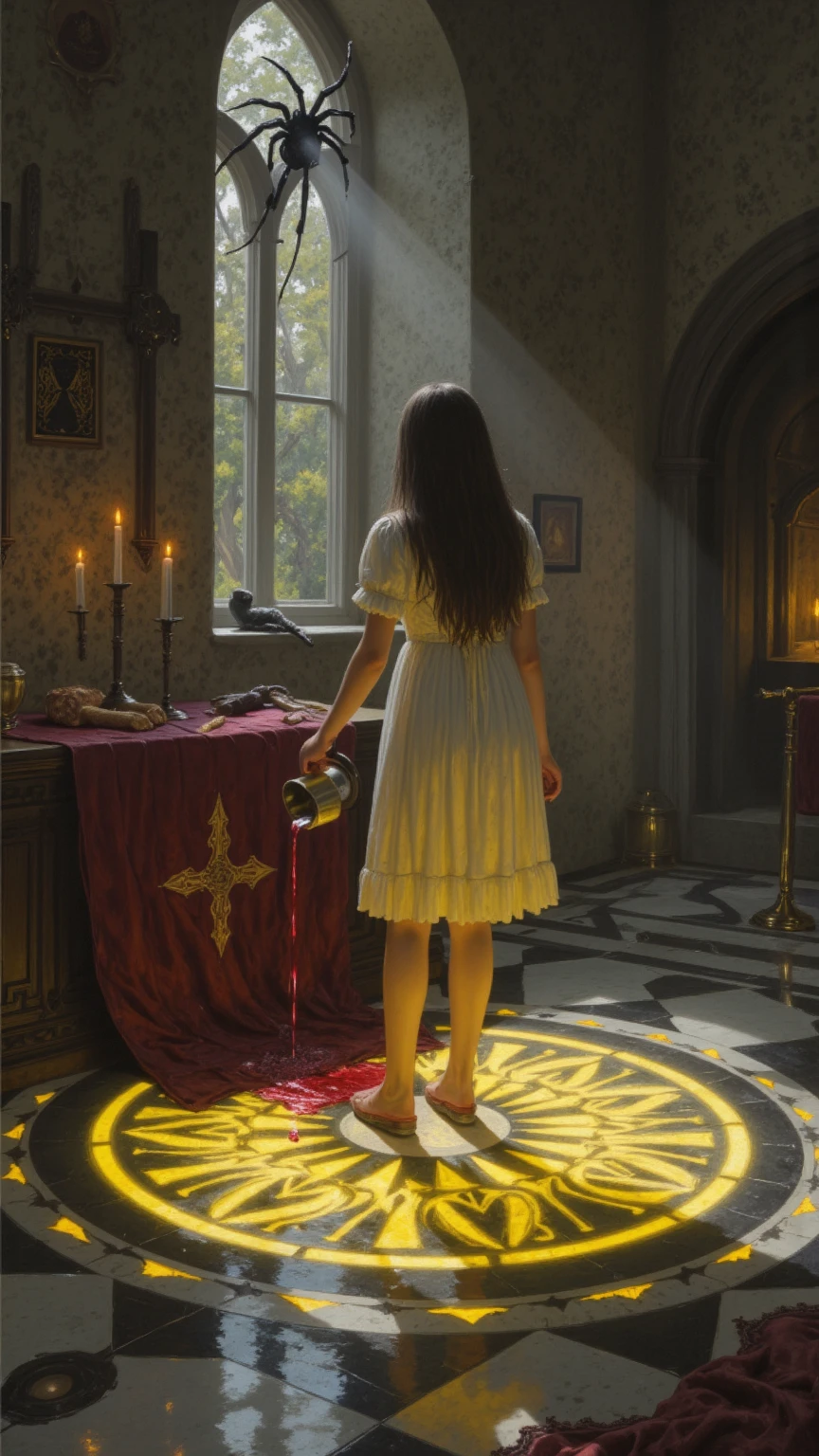 Haunting image of a dead priest lying on the floor of a Gothic cathedral. He is middle-aged, and wears simple vestments and a Roman collar. Blood pools around him. A female vampire kneels over his corpse, tears of blood stream down her cheeks. Her fangs are visible and her bright red eyes mourn and guilt from murdering the good priest haunts her. She places a single red rose on his chest. She wears an elegant black dress and a rosary around her neck. Long black hair hangs down her shoulders.