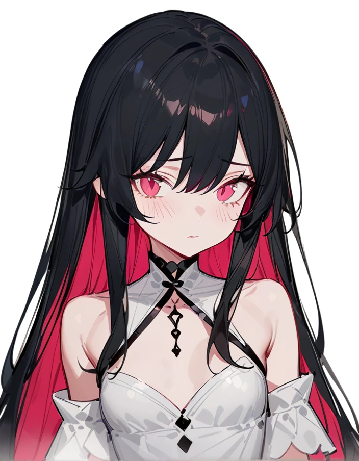 (8K、highest quality、masterpiece:1.2)、anime coloring、super resolution、Realistic、(1girl) 、(black hair to deeppink hair gradient hair,long straight hair:1.5)、(open stance),(red eye,glowing eyes:1.3),(volumey:1.5,forehead:1.5),(portlate:1.3、face focus,upper body:1.5),(lace Dress with open chest: 1.3),
(clear face:1.3),(cute face),(flat chest:1.2),gradient background、(slender:1.3)