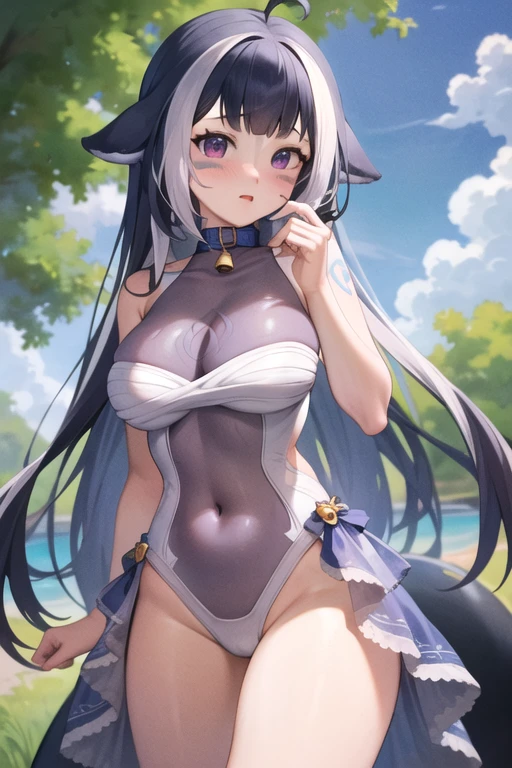 (Anthro, flauschiges Fell, Charakter-Fokus:1.1), 1girls, anthro dog girl, body fur, nur, mid large breasts, (dicke Oberschenkel:0.3), kurvig,(Upskirt (Kleider):1.2) (Meisterwerk, best quality:1.4), ((Ultra-detailliert)), (beautiful detailed eyes), 1girls,, braune Augen, kniend,, Ankle bracelet, Wasserfall, Fluss, Wooden bridge, Gebirge, ((Sonnenstrahl)), mystisch, Whirling magic sexy cute wolf horny