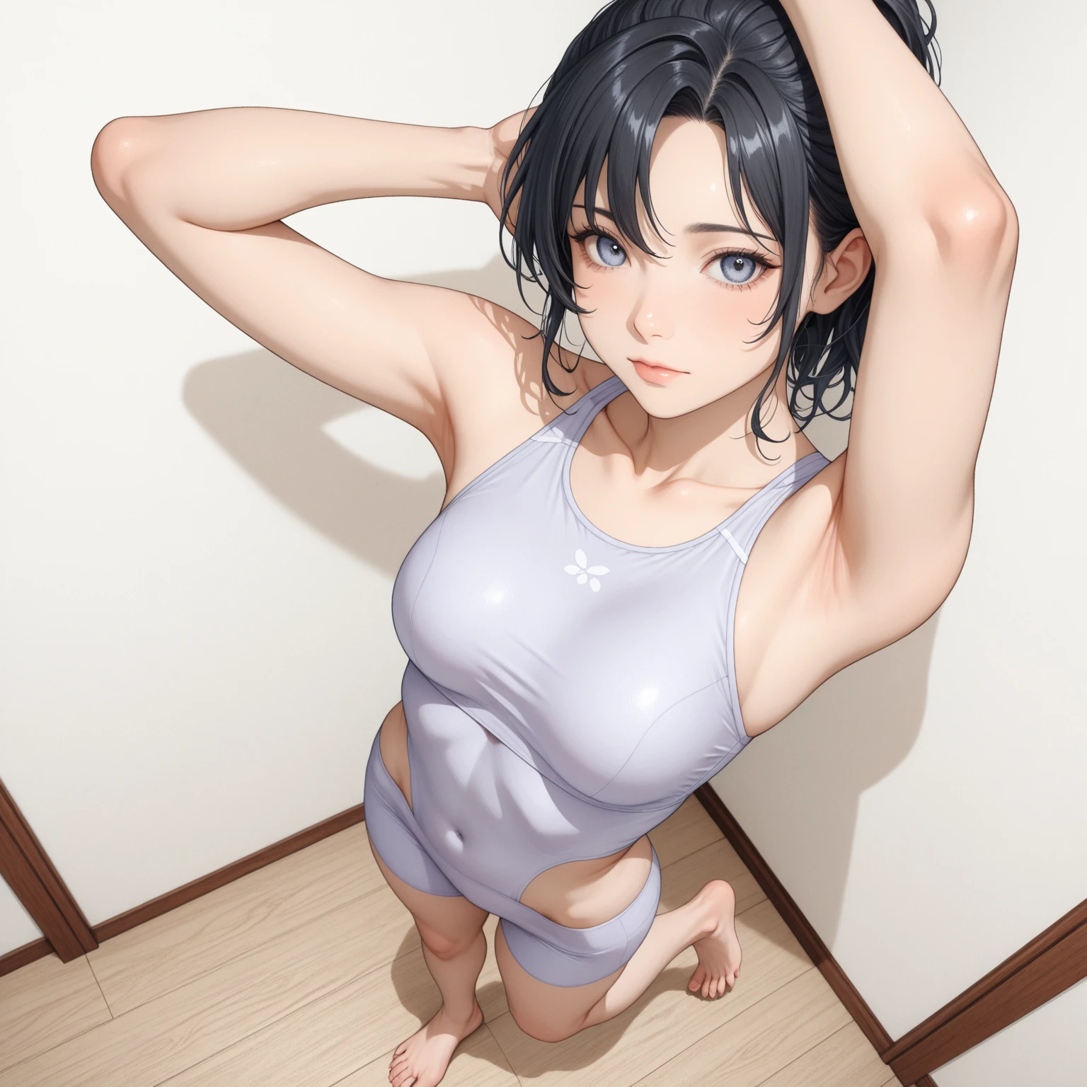 ((masterpiece, best quality)),((highres:1.2)), 1 Girl, solo, Cowboy Shot, Blurred Background, (((Small breasts))), Thighs, (Stripe underwear), ((lift the Shirts:1.3)), Off the shoulder, sexy One Shoulder T-Shirts