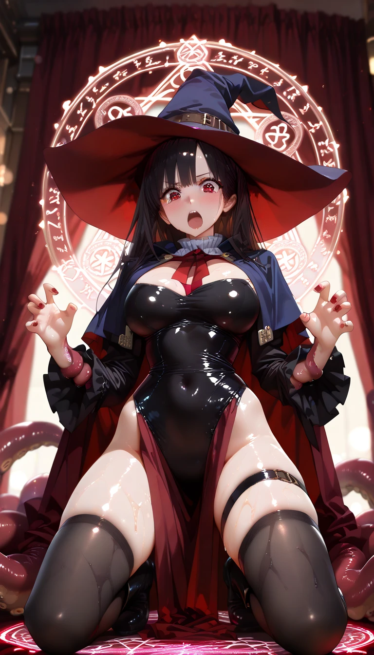 solo, 1 girl, 17yo, witch robe, witch hat, magic wand, long twintails, red eyes, (beautiful face and beautiful eyes:1.36), huge breasts, big butt, glamorous body, standing