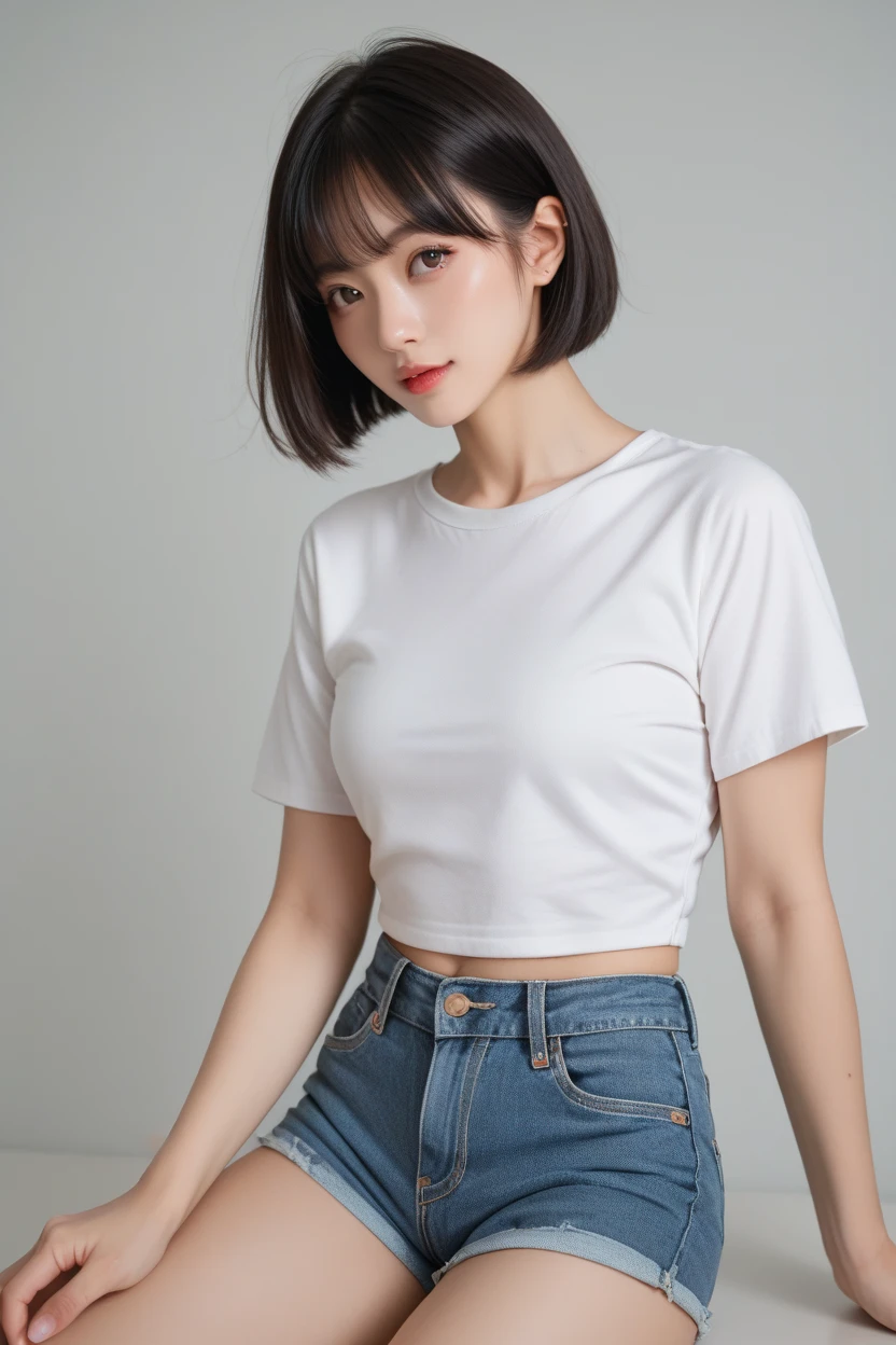 1 girl, beautiful vintage color, staring viewer (bright flashy red t-shirt (plain color), Instagram (photorealistic, high resolution: 1.4), ((puffy eyes)), full body (8k, RAW photo, best quality, masterpiece: 1.2), (realistic, photorealistic): 1.37), (soft focus: 1.2), Professional Lighting, Photon Mapping, Radiosity, Physically Based Rendering, (White Skin: 1.2), (Small: 1.2), Viewer's Gaze, (Middle Hair: 1.5), Portrait, Purple Eye, (Silver Hair: 1.1), Bangs, (Simple Background: 1.4), Solo, Upper Body, Realistic, (Masterpiece: 1.4), (Best Quality: 1.4), (Glossy Skin), Fashion Girl, Makeup, smile (skinny, mouth closed, shy: 1.3), (standing, plain flashy red T-shirt and jeans, necromancer: 1.1), medium bust, front standing, hands folded behind the back, white wall background, no need for a picture on T-shirt,
