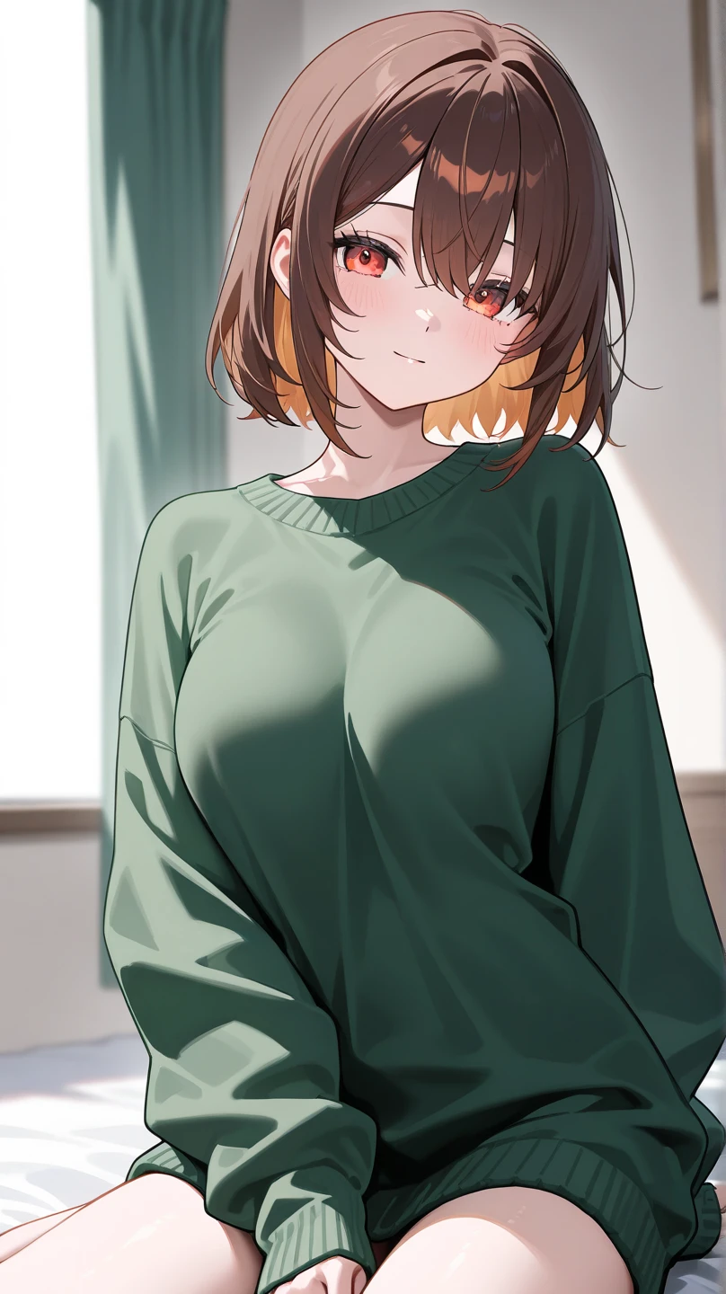 masterpiece, best quality, <lora:gardenia-nvwls-v1-000008:1> natane, multicolored hair, green hoodie, sweatpants, large breasts, sitting, bedroom, smile