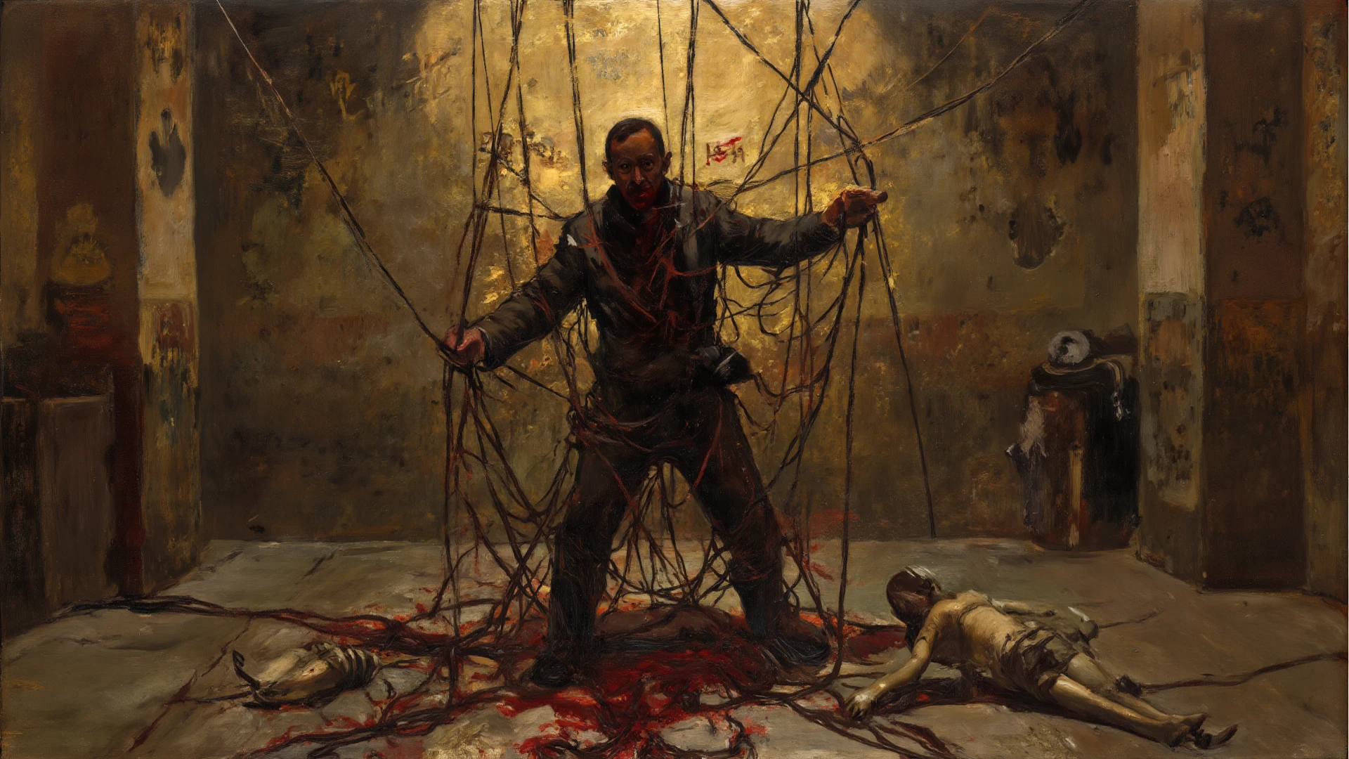 a woman's body impaled by ten swords, (art inspired in Bill Sienkiewicz). oil painting)