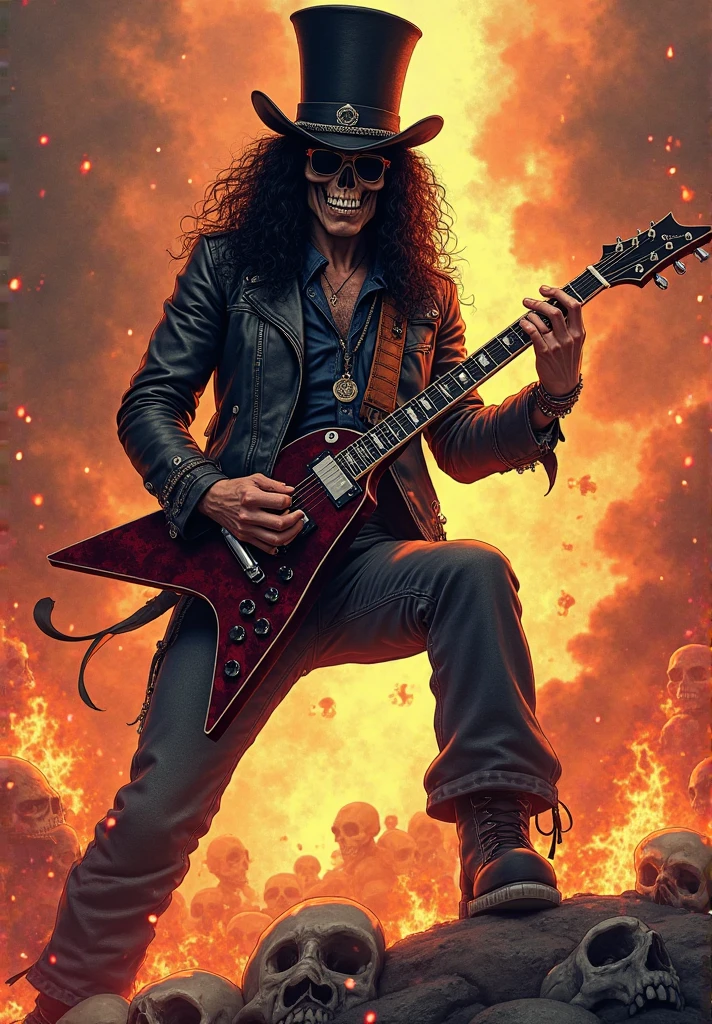 funny caricature, a rocker necromancer skull, worn black leather jacket, old torn black jeans, yellow all stars sneakers, big head, , playing the les paul guitar in transparent translucent flames, artistic photo, free camera