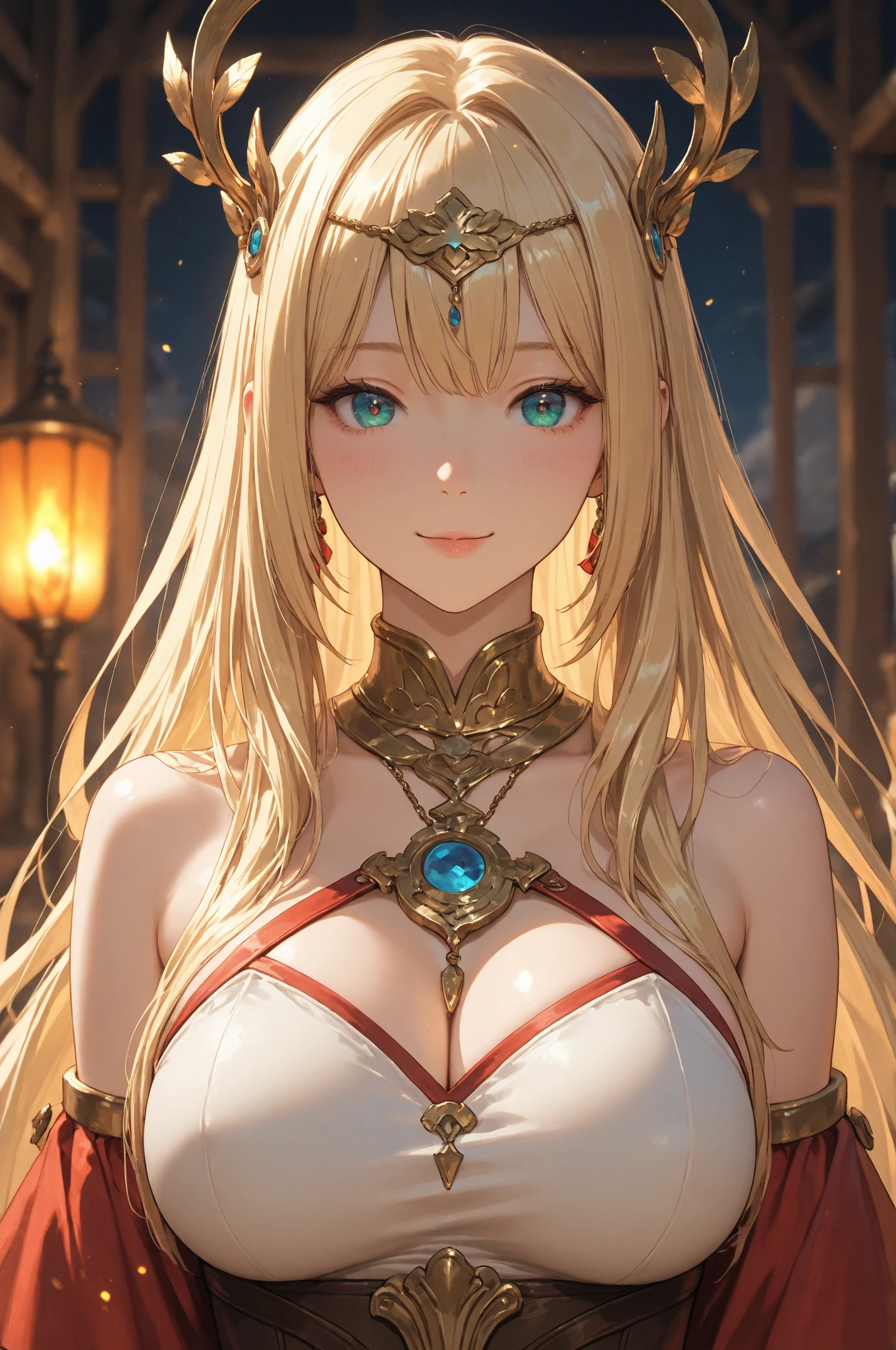 masterpiece、top-quality、(Blonde colored long hair、I have bangs:1.1)、(25 year old woman)、 (gold eyes:1.5)、(Big round eyes:1.5)(wearing a gold off-shoulder dress:1.2)、(Emphasis on the chest:1.1)、(modest smile expression:1.3)、(Staring:1.5)、(Close-up of the subject's face:1.3)、standing、five perfect and beautiful fingers、place the camera over the subject、The background is the party venue、Bold composition、Upper body is shown、Alone、Gold bracelet、Gold necklace with blue gemstone、Gold Tiara、Open your mouth、(Curly Hair)、(Large Breasts:1.0)、Gold Collar、midnight、Starry Sky、Palace balcony、(Glowing Skin:1.2)