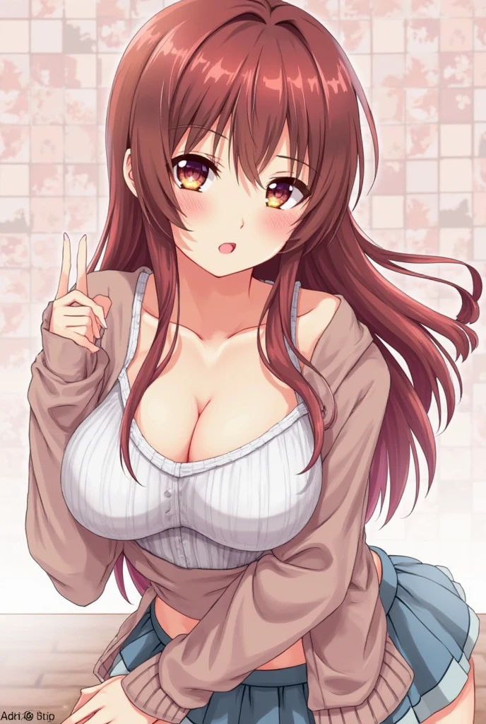 anime girl with big breast posing, seductive anime girl, revealing clothes, attractive anime girl, teasing smile, flowing brown hair, pink eyes, denim shorts, white long sleeve shirt, bare shoulders, cleavage