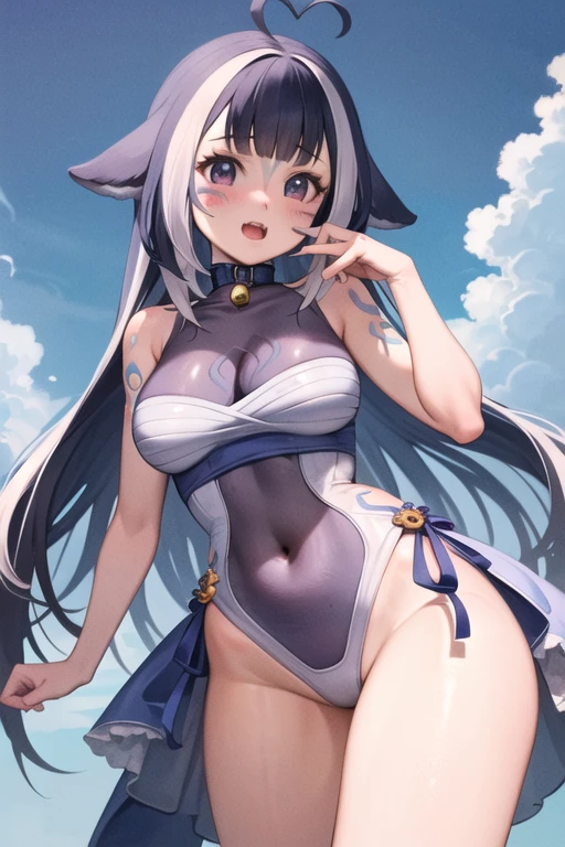 ((2D beautiful girl、top-quality、Perfect Finger 1.1、Perfect Anatomy 1.1、extremely delicate and beautiful illustration))、cute petit girl、(transform sequence)、((Priest style leotard))、8years old、elementary student、Lori、Chiquita、Fractal Art、baby-face、((stright long hair))、big drooping eyes、A smile、Full body depiction、（1 persons）、（Shrine maiden style leotard）、European style square with blue sky、The color of the costume is blue and white、cat ear、Princess、
