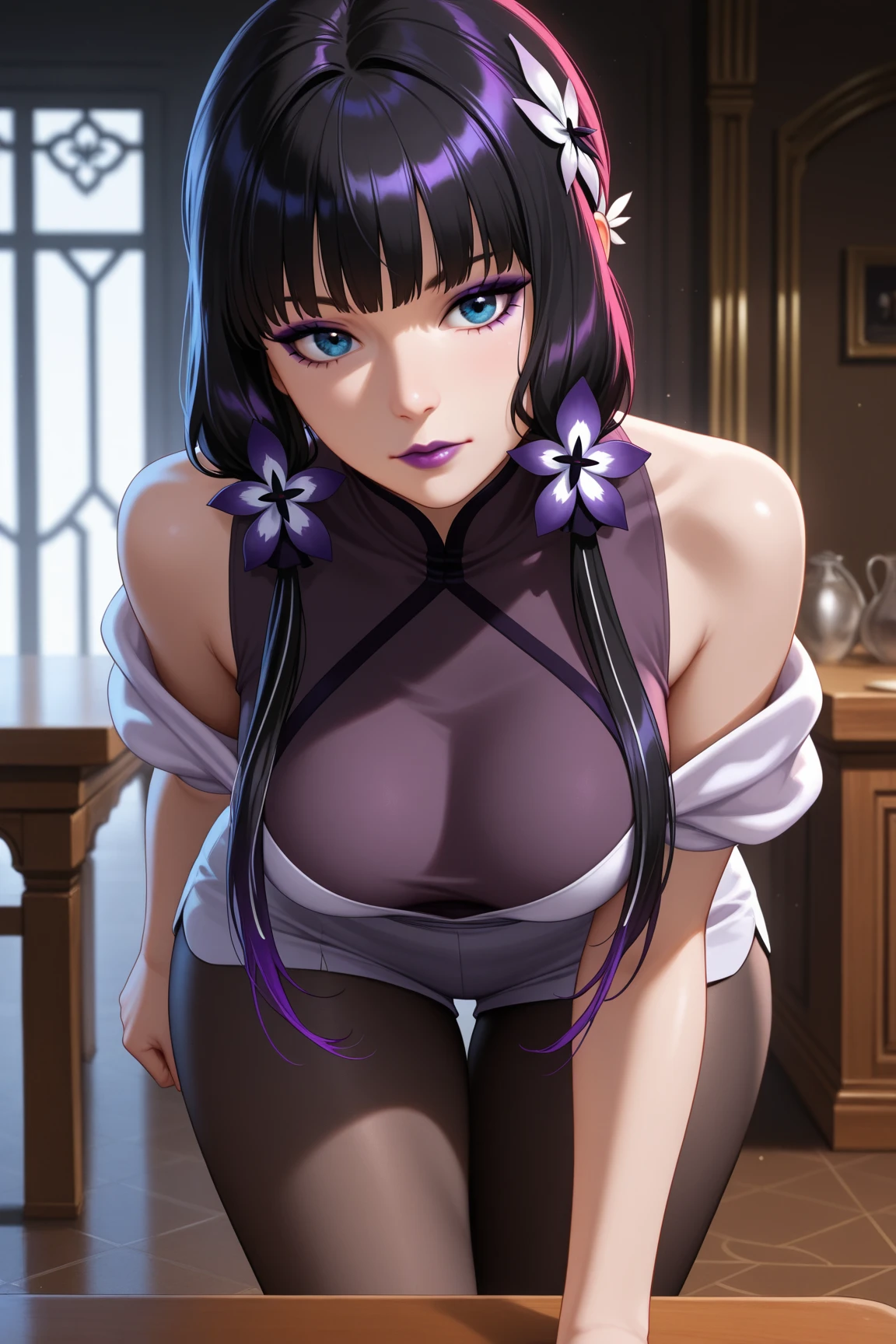 Cheongsam Girl，half up,purple hair,purple eyes,by the wide，blunt bangs,cowboy shot,pure white background，big breasts,Depth of written limit，Calf level view，Overclocked renderer，cinema lighting，masterpiece,Ultra-fine，Very detailed，complicated，cinematic perspective，computer generated art，mirandome,