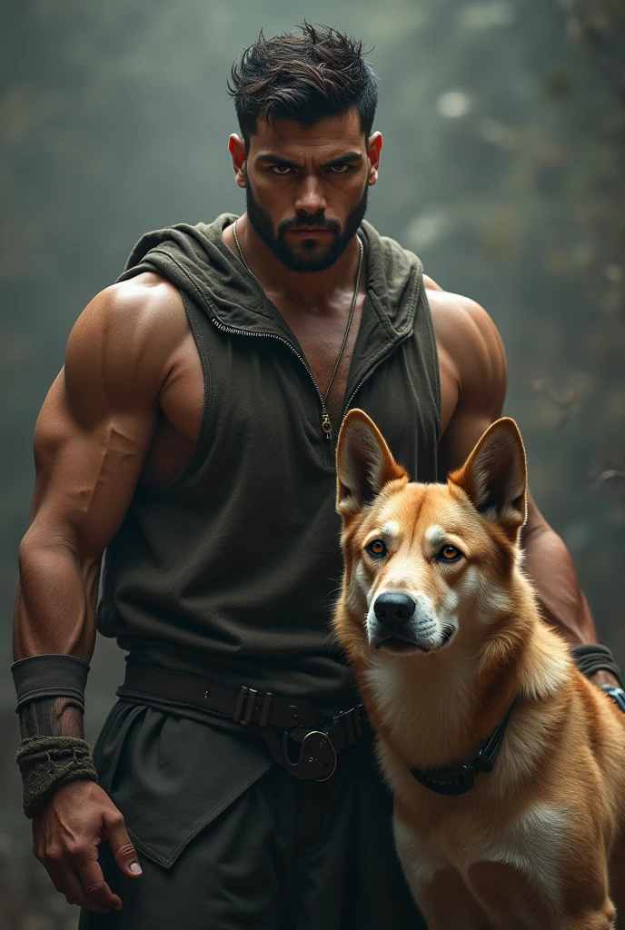 A shirtless, bushy man in just pants and no face with a scary black dog at his side in a dark room