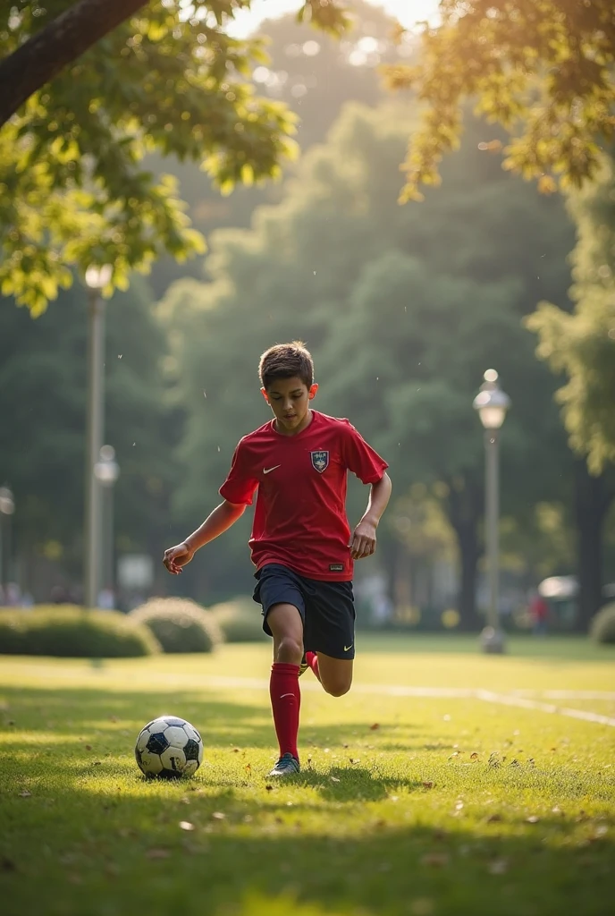 A video of a boy taking a free kick in football(soccer), and writes it down